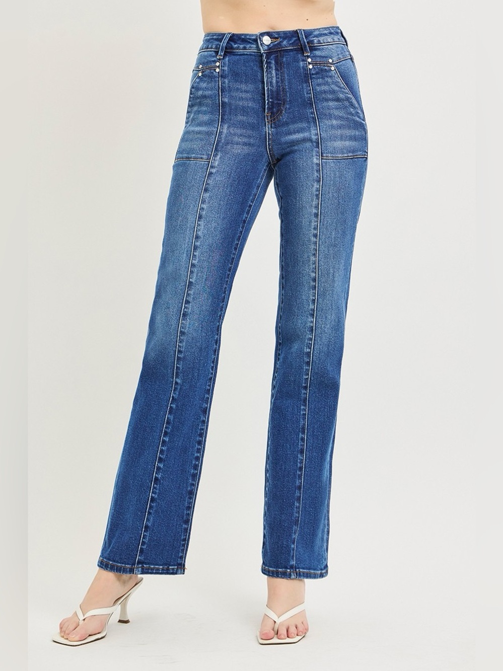 RISEN High Rise Straight Patch Pocket Seamed Jeans